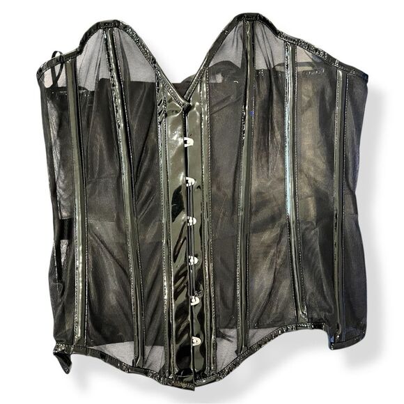 Daisy Corsets Black Corset Mesh Patent Steel Boned Laced Back Busk Front 2XL NWT - Picture 2 of 10
